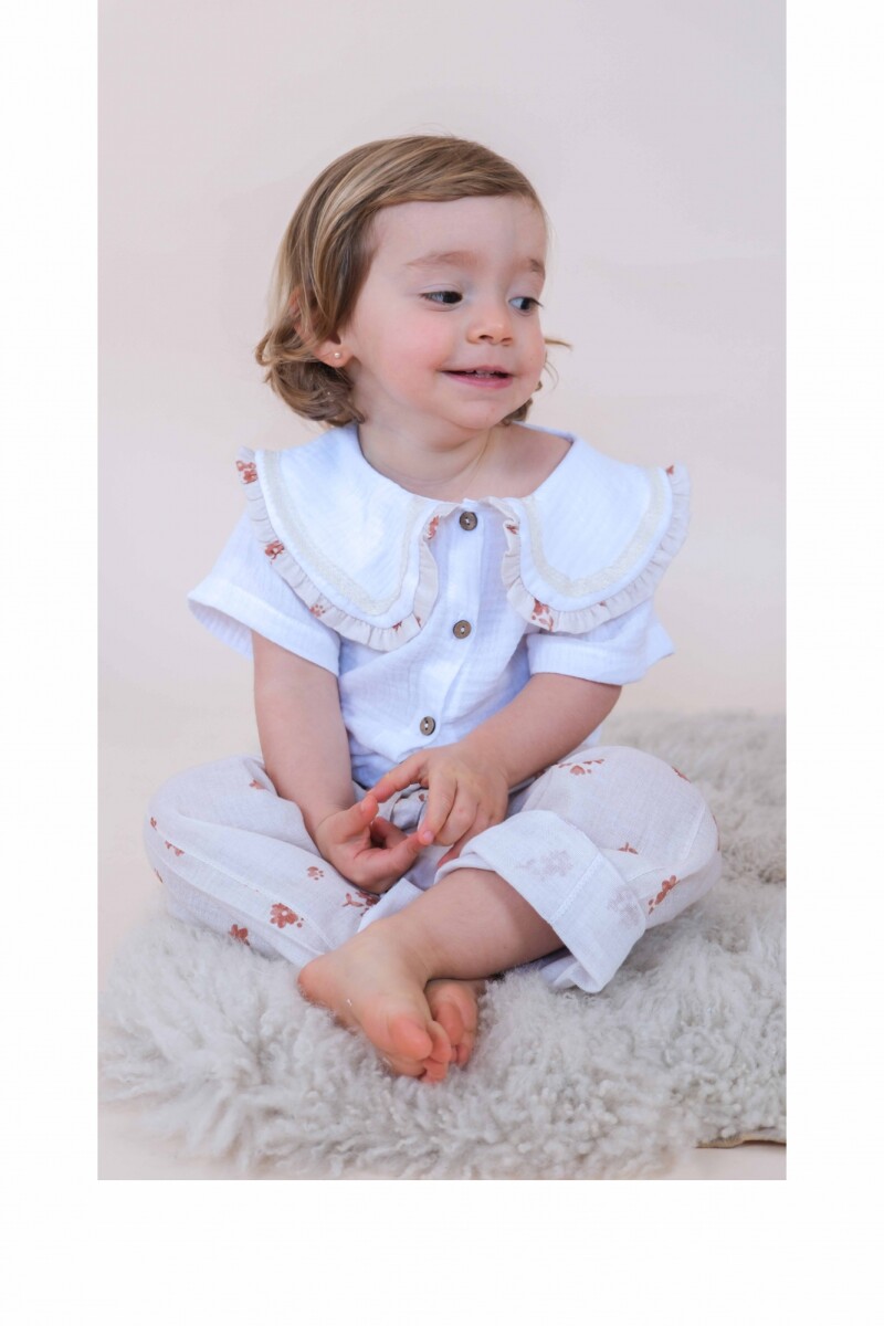 Camisa Muselina Blanca Volado Floreado 
