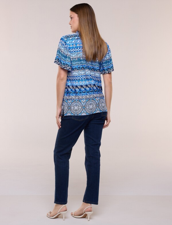Blusa Estampada Con Escote V Y Manga Mariposa AZUL/MULTI