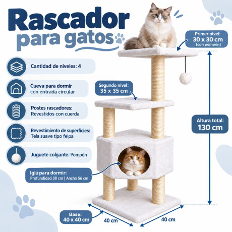 Rascador Para Gatos 4 Niveles 130cm Cueva Y Juguete Blanco