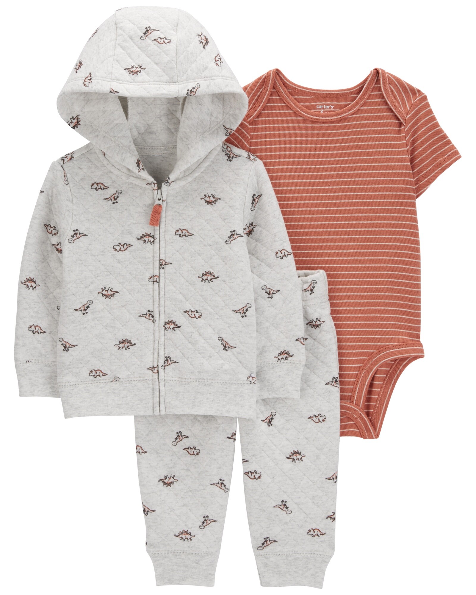 Set tres piezas de algodón, campera y pantalón capitoneados, más body, diseño dinos Sin color