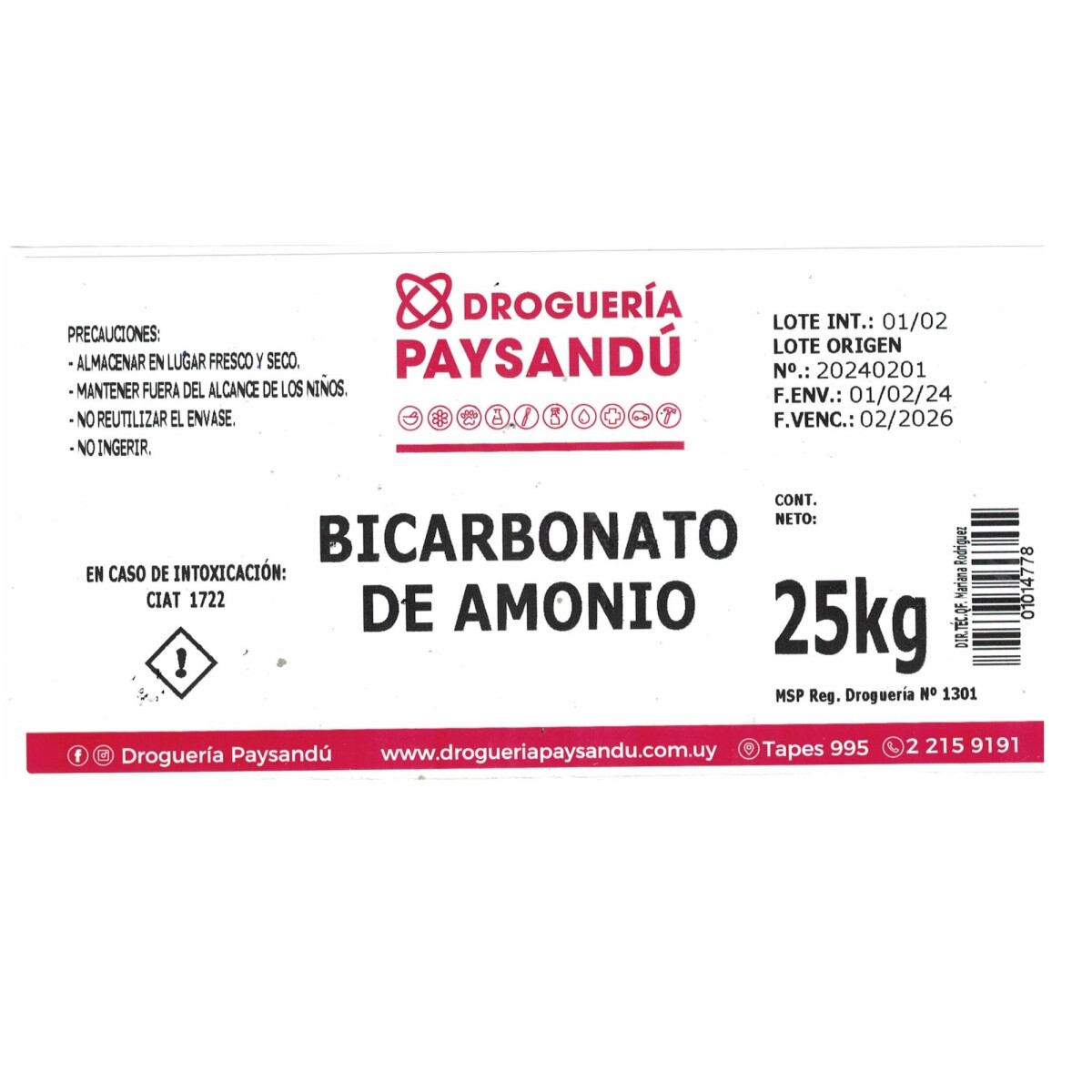 Bicarbonato de amonio 25kg 