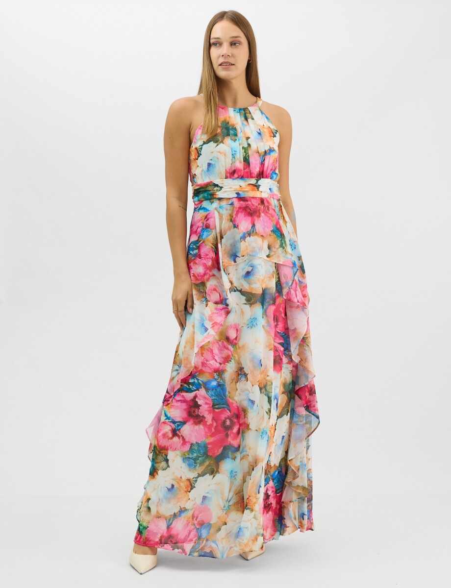 Vestido Largo Estampado Floral Con Cuello Halter - Multi/rosa 