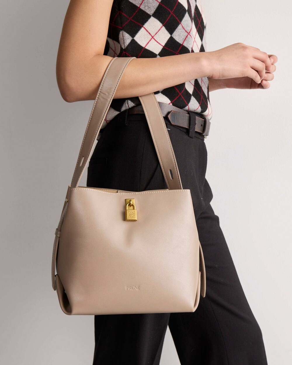 Cartera al hombro The Lock en efecto cuero liso Taupe