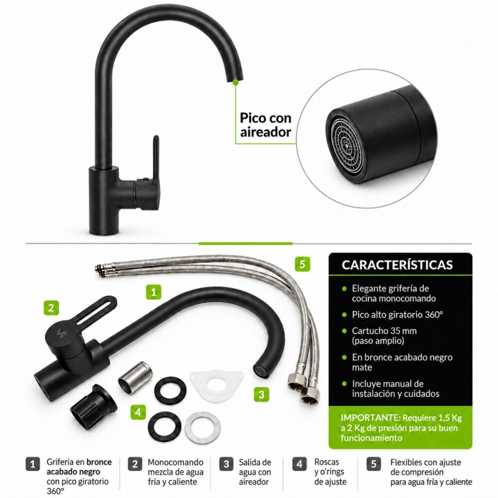 Grifería de Cocina Monocomando de Mesada Noar Pico Alto Negro Mate Grifería De Cocina Monocomando De Mesada Noar Pico Alto Negro Mate