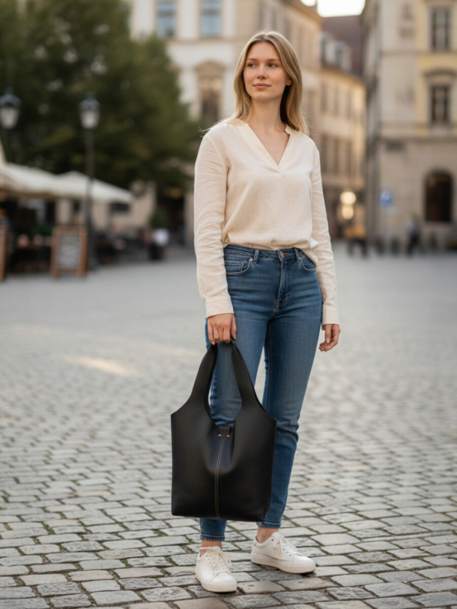 Tote Bag de Cuero Genuino - Negro 