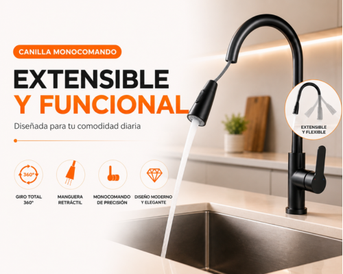 Canilla Monocomando Extensible Negra para Cocina con Manguera