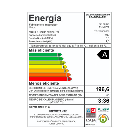 Termotanque Enxuta de Acero Línea Cilindrica 100 L TENX21100