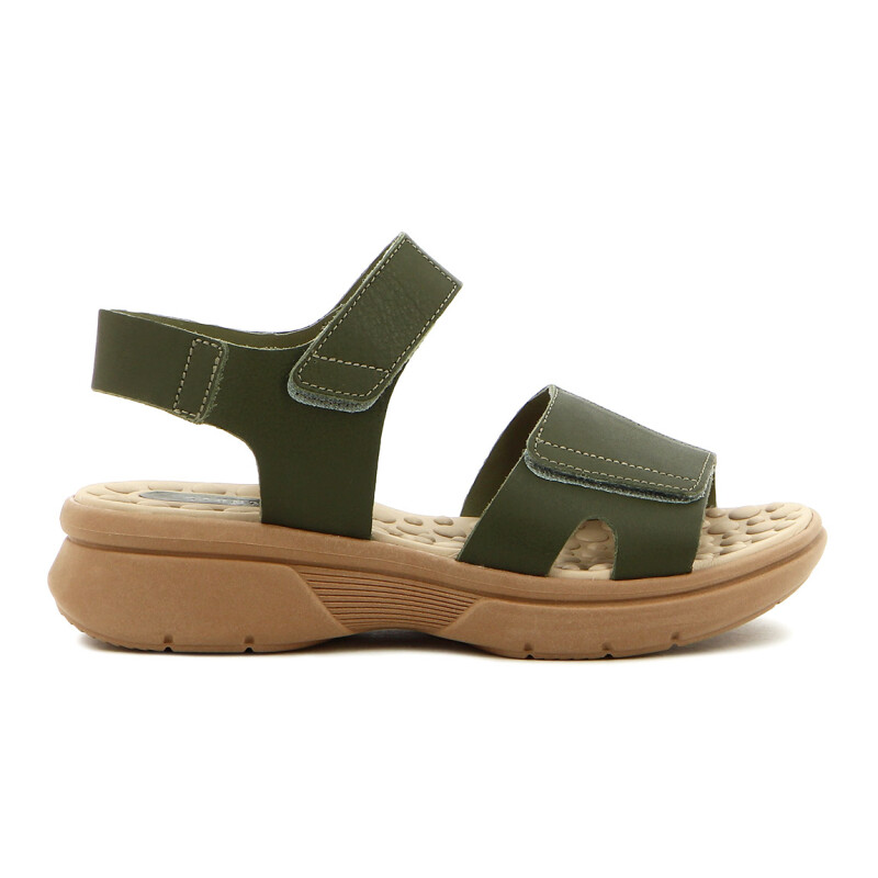 Country Sandalia Mujer Tira Ancha Con Velkro Y Pulsera Verde Militar