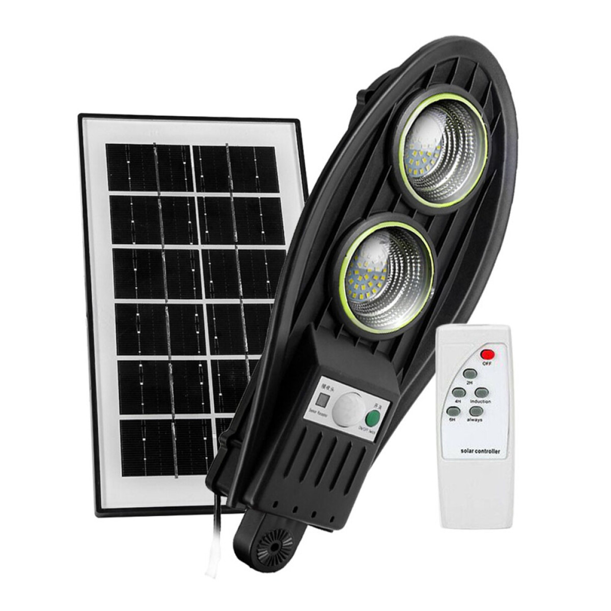 Foco Exterior Solar 2 Luces Led p/Pared Sensor Mov y Control - Negro 