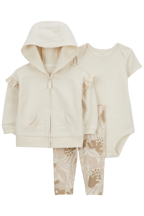 Set tres piezas de algodón, campera, calza y body crema Set tres piezas de algodón, campera, calza y body crema