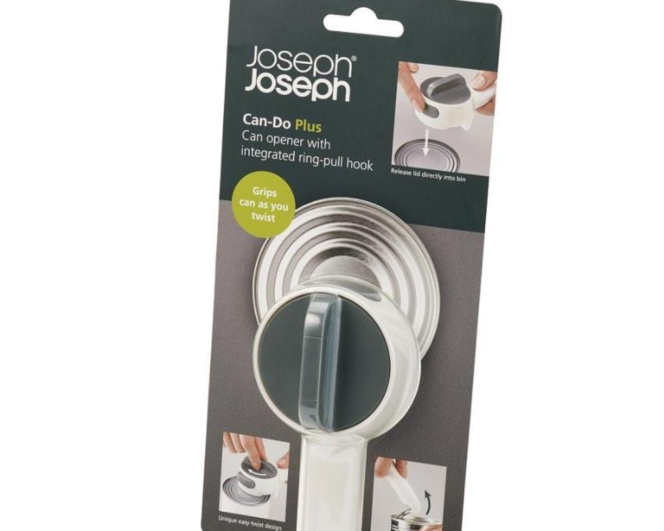 Abrelatas compacto y ergonómico, con mecanismo de giro fácil Abrelatas compacto y ergonómico, con mecanismo de giro fácil