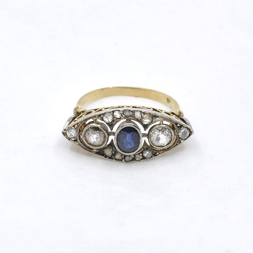 Anillo Antiguo En Oro 18K Con Brillantes, Diamantes Y Zafiro Anillo Antiguo En Oro 18K Con Brillantes, Diamantes Y Zafiro