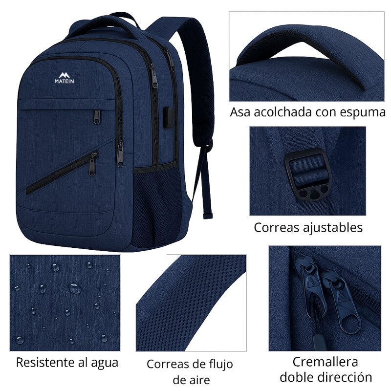 Mochila Viaje Urbana Antirrobo Notebook Matein 103500 Azul