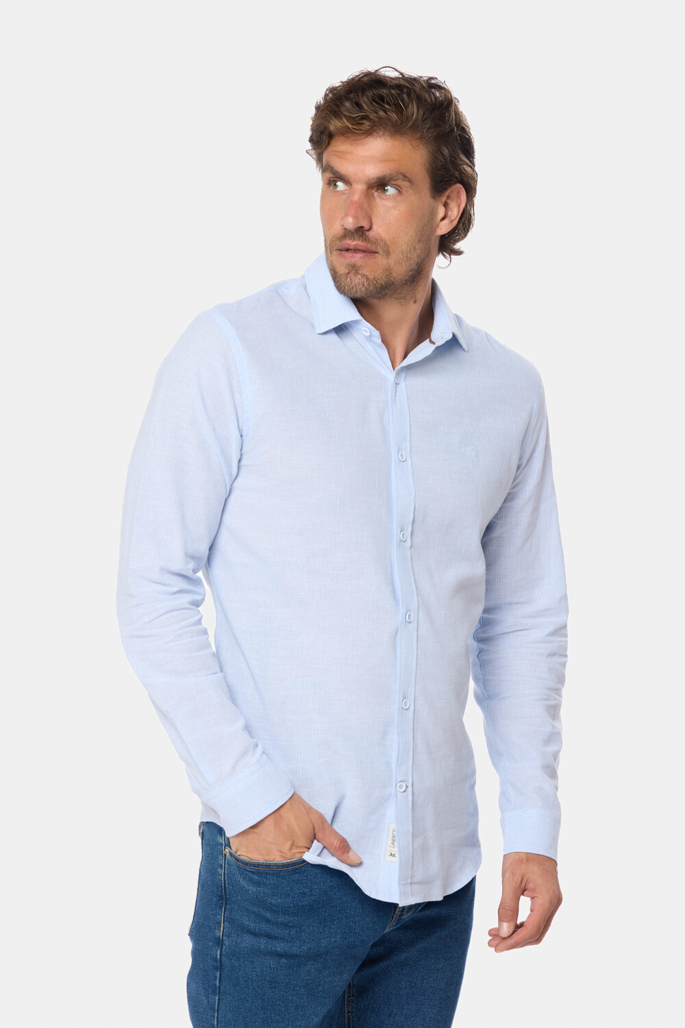 CAMISA DE LINO RAYADA Celeste