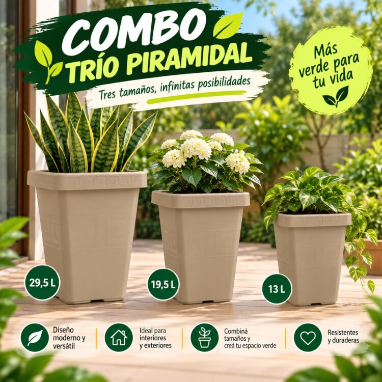 Combo de Macetas Trio Piramidal 29,5-19,5-13 litros Combo de Macetas Trio Piramidal 29,5-19,5-13 litros