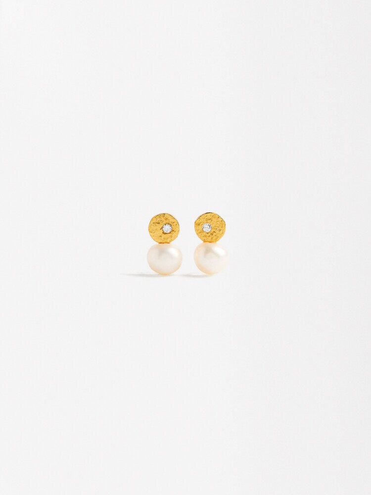 Pendientes Cortos Con Perlas De Agua Dulce Y Circonitas - Plata De Ley 925 dorado