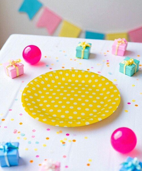 Plato 18 cm. diametro paquete x 10 AMARILLO LUNARES
