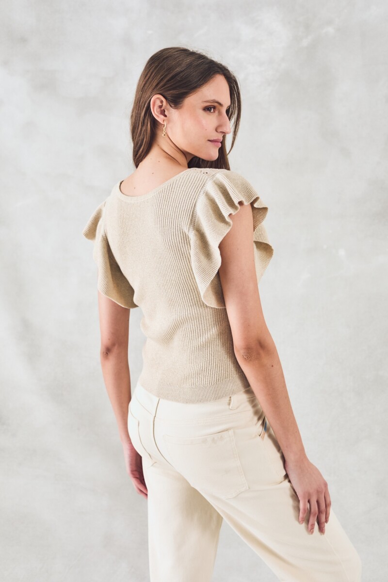 Top Metalizado Manga Volados Beige Melange