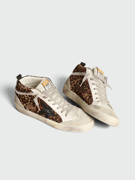 GOLDEN GOOSE - Zapatillas Mid Star de piel con estampado leopardo y estrella negra Alta Automática