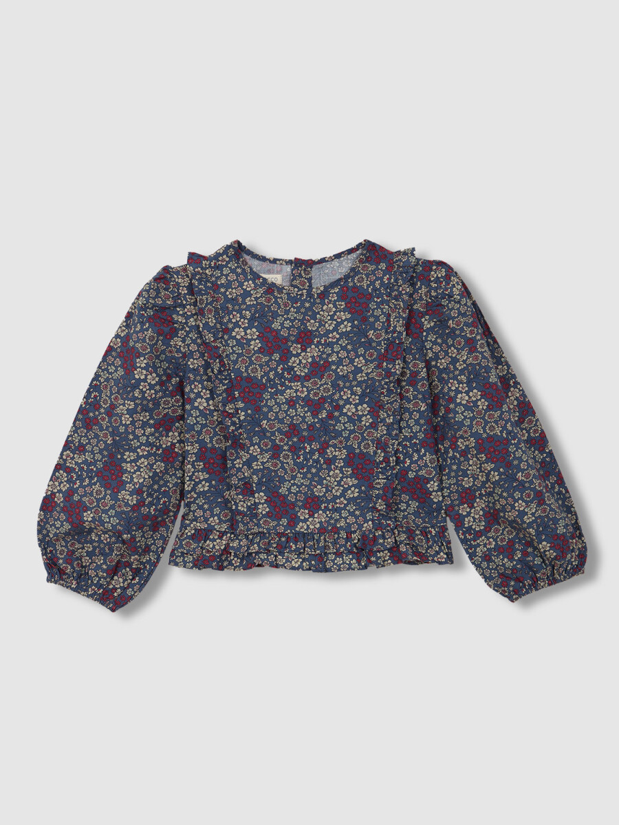 Blusa De Flores Con Tiras Fruncidas Azul Viejo
