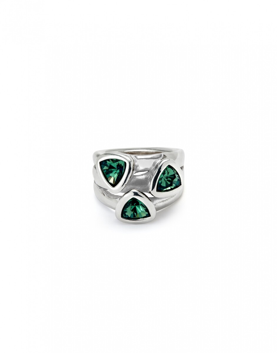 ANILLO EN ALEACIÓN DE METALES BAÑADO EN PLATA DE LEY CON TRES CRISTALES VERDES - Anillo 