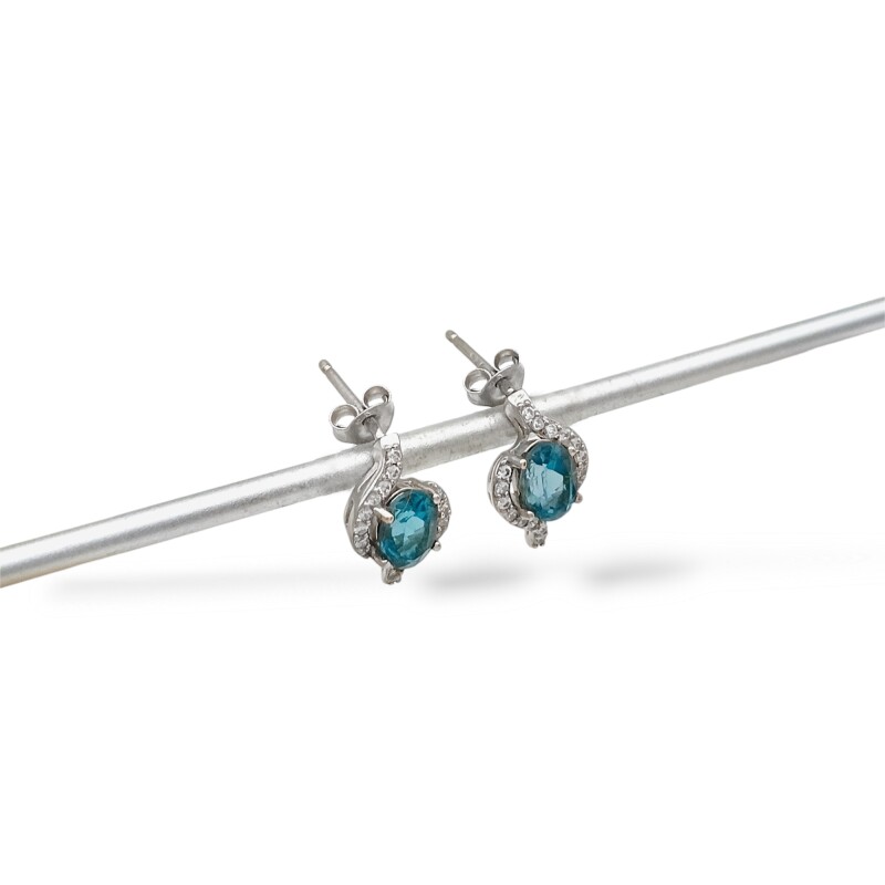 Caravanas Oval-Plata 925-Piedra Aguamarina y zirconia-CA3300 Conpiedra