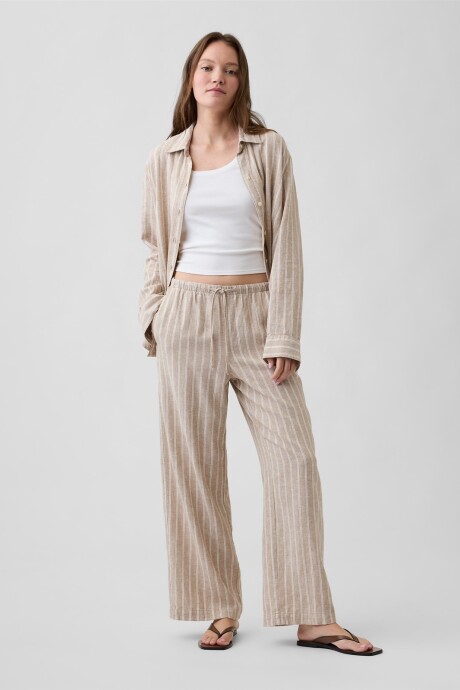 Pantalón De Lino Wide Mujer White Khaki Stripe