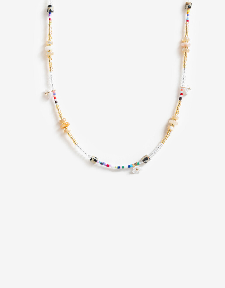 Collares Cortos Canutillos Collar Con Beads Floral - Dorado