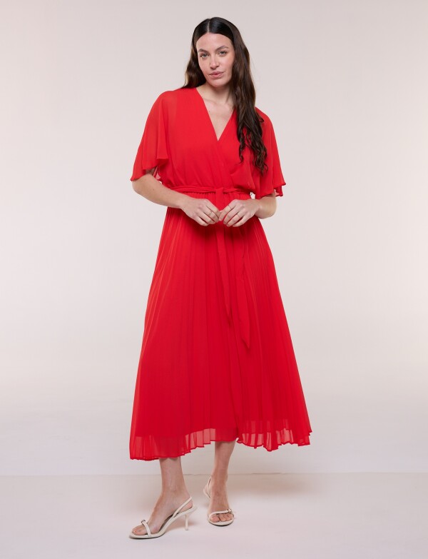 Vestido Noche Plisado Lazo ROJO