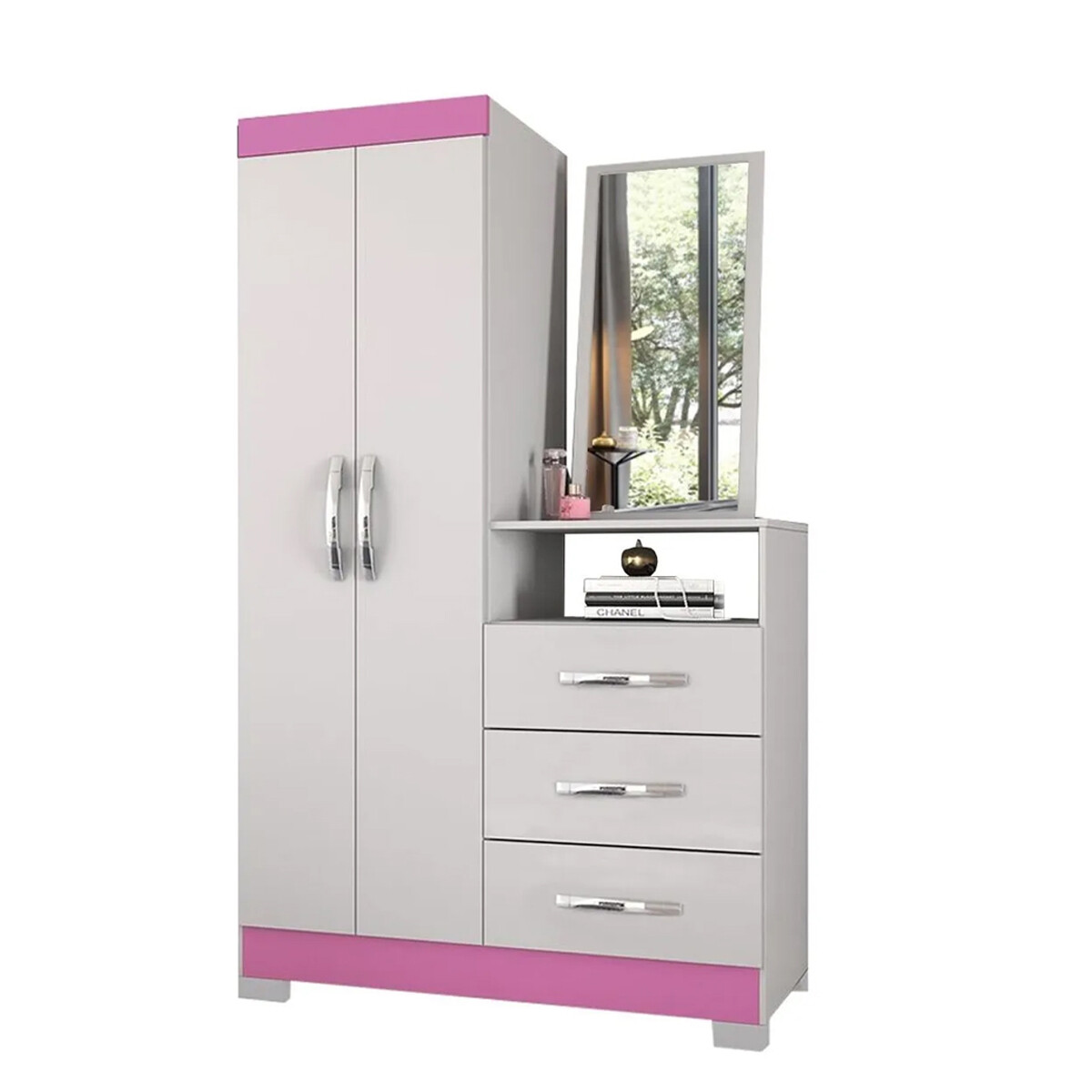 CÓMODA CAJONERA GUARDARROPA 3 CAJONES 2 PUERTAS CON ESPEJO - BLANCO- FLEX 