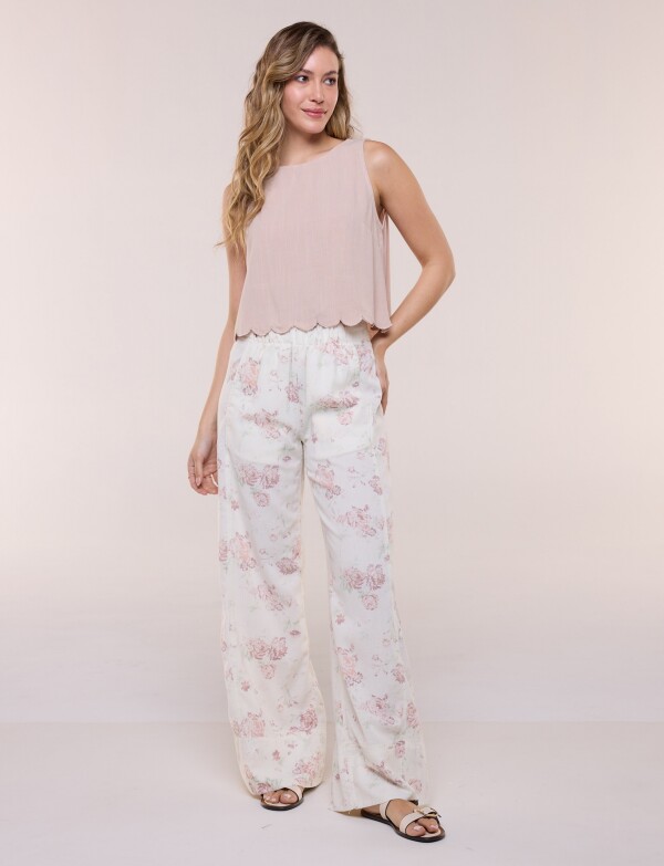 Pantalon Lino Wide Leg Con Estampa Floral CRUDO/MULTI