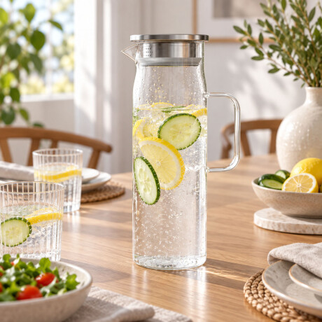 Jarra de Vidrio 1,3L Tapa Acero Inoxidable Bebidas Frias Transparente