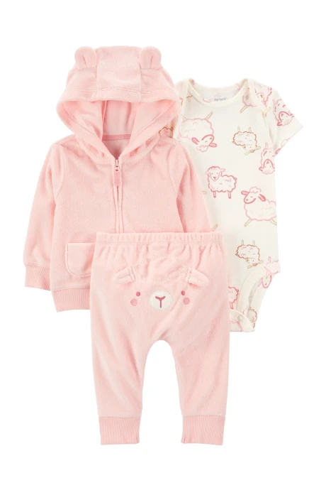 Set tres piezas, campera y pantalón de algodón terry más body de algodón, diseño oveja Set tres piezas, campera y pantalón de algodón terry más body de algodón, diseño oveja
