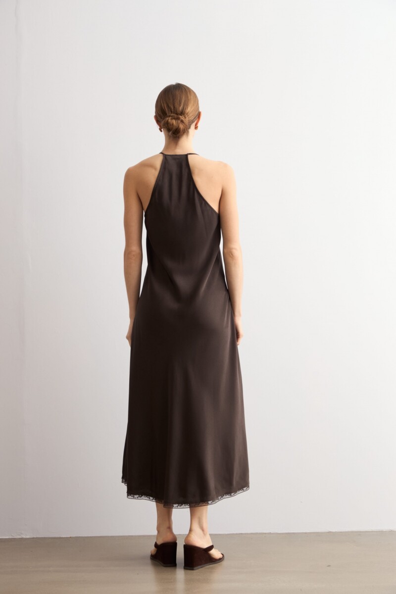 Vestido satén con encaje chocolate