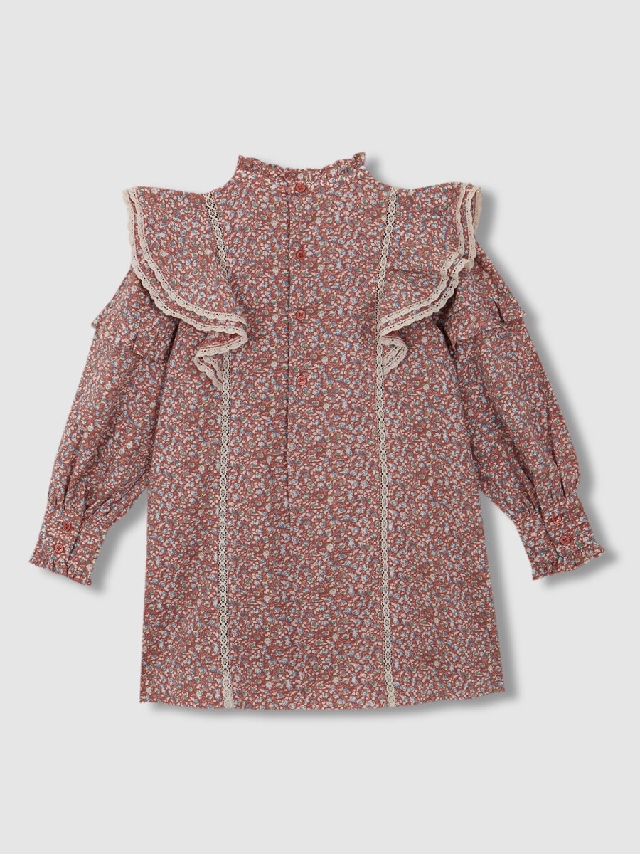 Vestido Estampado De Flores Con Tiras Bordadas Granate