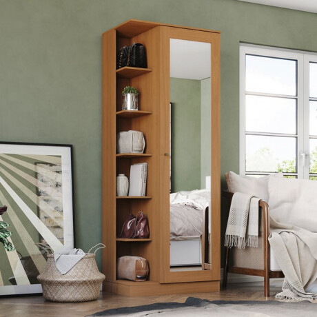 ROPERO 1 PUERTA GUARDARROPA ARMARIO PLACARD CLOSET CON ESPEJO Y ESTANTES COLOR MADERA