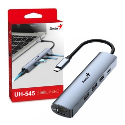 Hub Genius USB-C a USB-A, USB-C y RJ-45 Unica