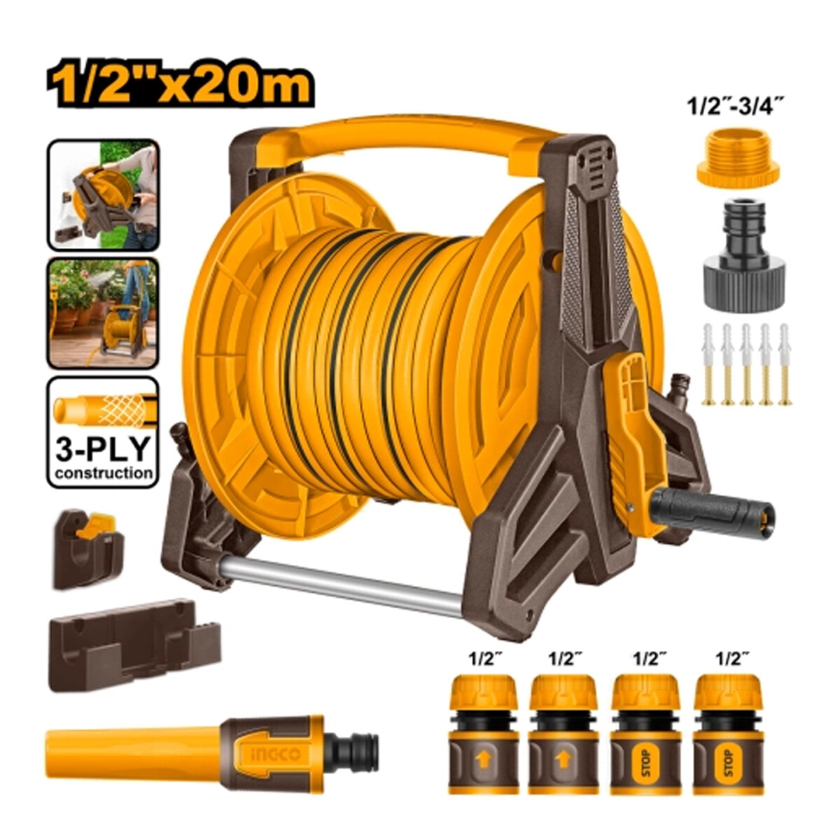 ENROLLADOR DE MANGUERA INGCO 1/2 X20M CON ACCESORIOS COLOR NARANJA 