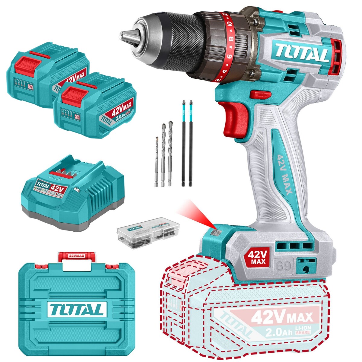 Taladro Percutor Y Atornillador 42v 69Nm - 2 Baterías, Cargador Y Maletín - Sin Carbones 