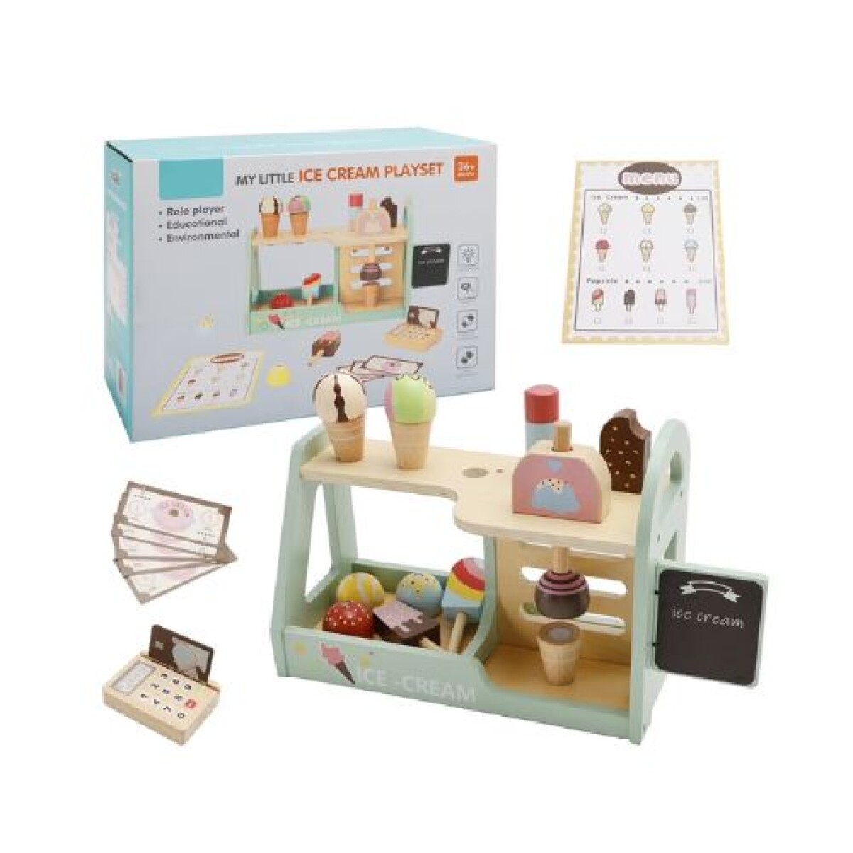 JUEGO HELADERIA DE MADERA CON ACCESORIOS - Juego Heladeria De Madera Con Accesorios 