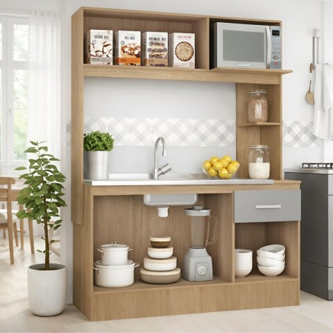 Kit de cocina compacta 4 puertas 1 cajón Patas Ajustables 141 x 50 x 185 cm - Carvale / Cinza Kit de cocina compacta 4 puertas 1 cajón Patas Ajustables 141 x 50 x 185 cm - Carvale / Cinza