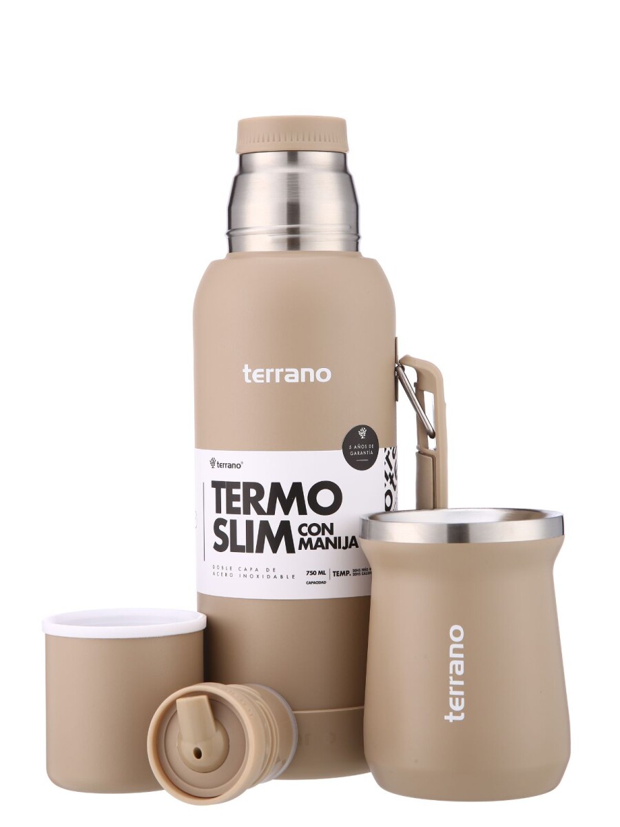 Kit Termo 750mL. Slim con Manija + Mate de Acero Tradicional - Arena 