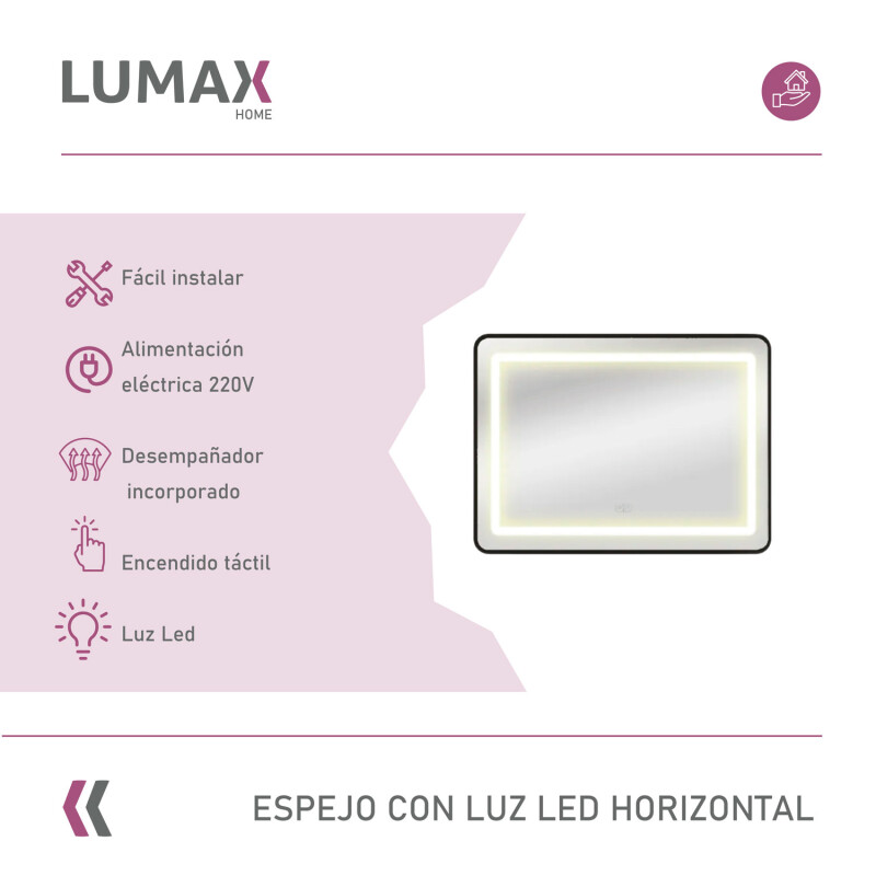 Espejo Luz LED Lumax 90x70 cm Horizontal Desempañador Baño Iluminación Fría Touch Espejo Luz LED Lumax 90x70 cm Horizontal Desempañador Baño Iluminación Fría Touch