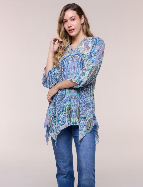 Blusa Holgada Manga 3/4 Roll-up MULTI/AZUL