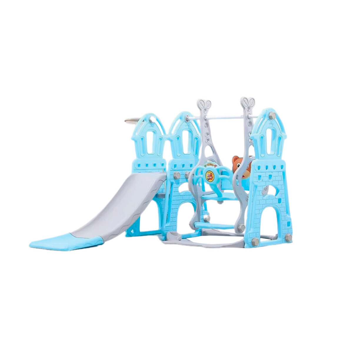 Set Infantil Tobogán 3 En 1 con Hamaca y Aro de Basket - Azul/Gris 