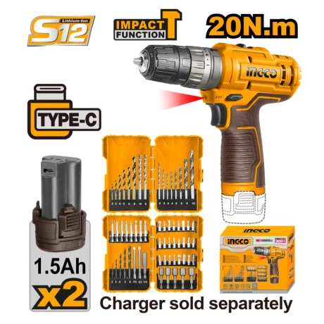 Kit Atornillador a Bateria 12V S12 C Percutor 20NM + Set de Mechas + Puntas + 2 Bat Ingco COSLI23114 001