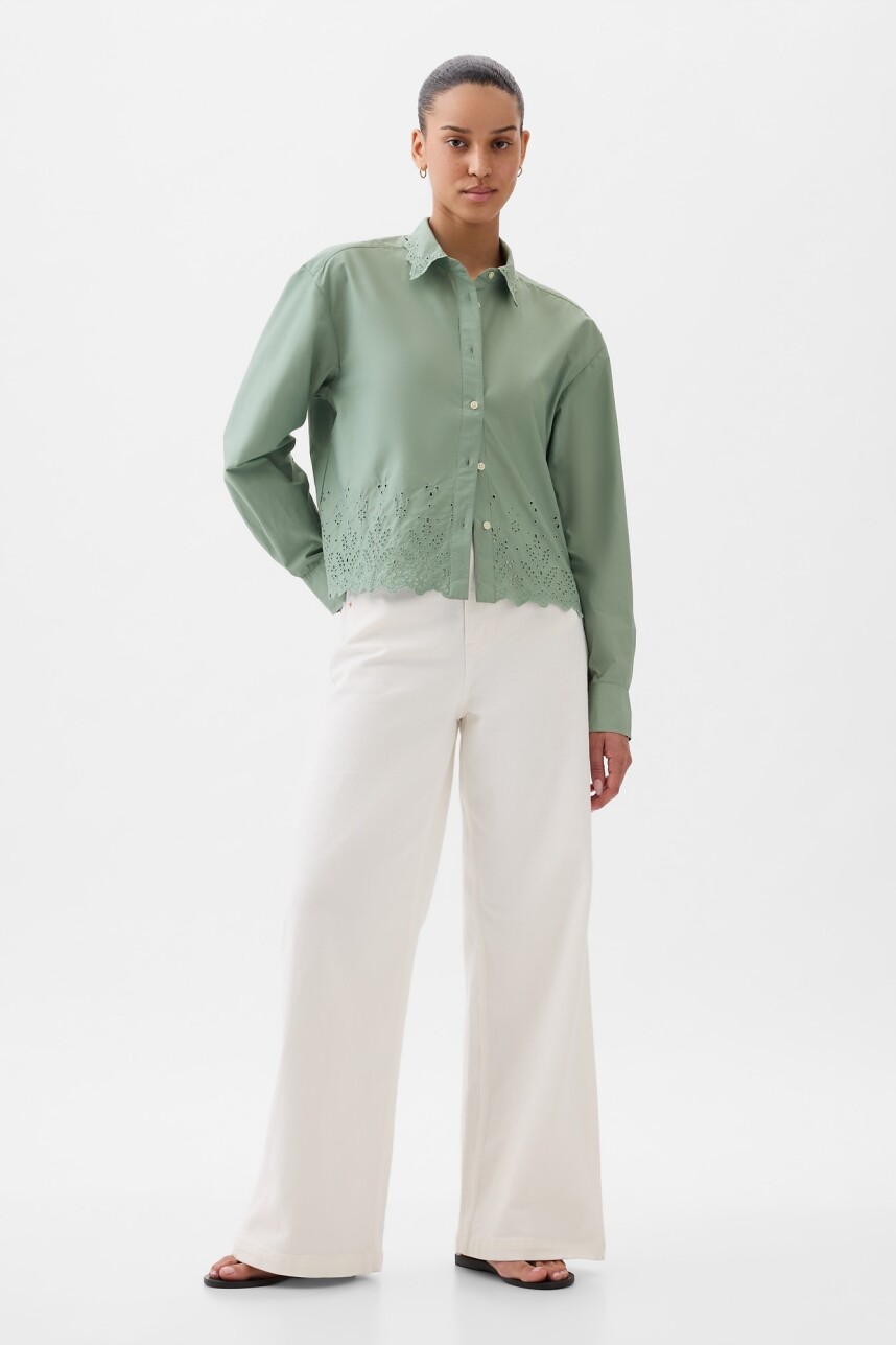 Camisa Corta Con Broderie Mujer Sage