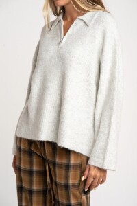 Sweater Polo Medio Cierre Gris Melange