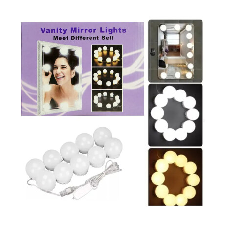Kit Luces Led Decorativa Para Espejo Maquillaje Usb 10 Focos Blanco Frío