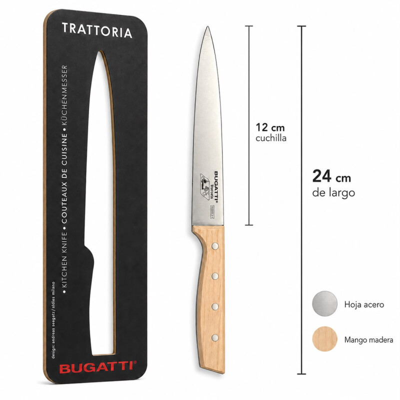 Cuchillo de Cocina Bugatti 12 cm Hoja de Acero Mango de Madera Cuchillo de Cocina Bugatti 12 cm Hoja de Acero Mango de Madera